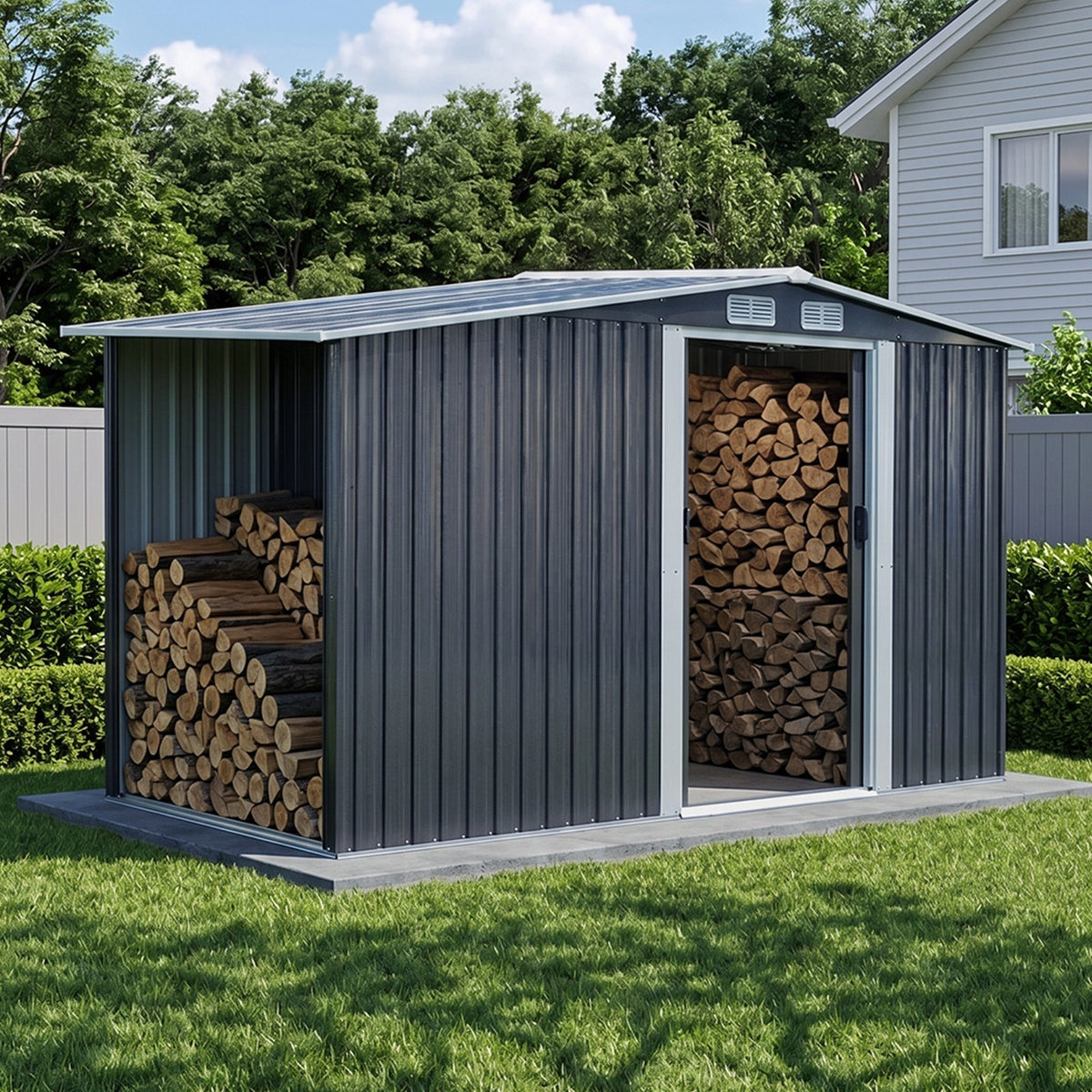 8 x 4 ft Metal Garden Storage Shed with Apex Roof & Integrated Log Store