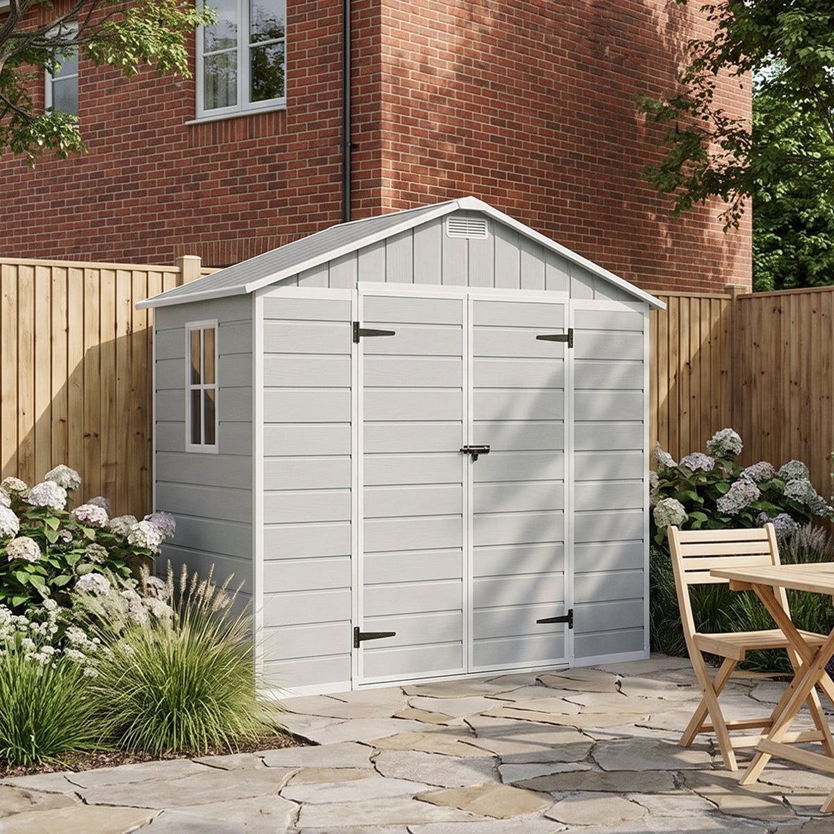 8 x 4 ft Plastic Garden Storage Shed with Apex Roof & Lockable Double Doors