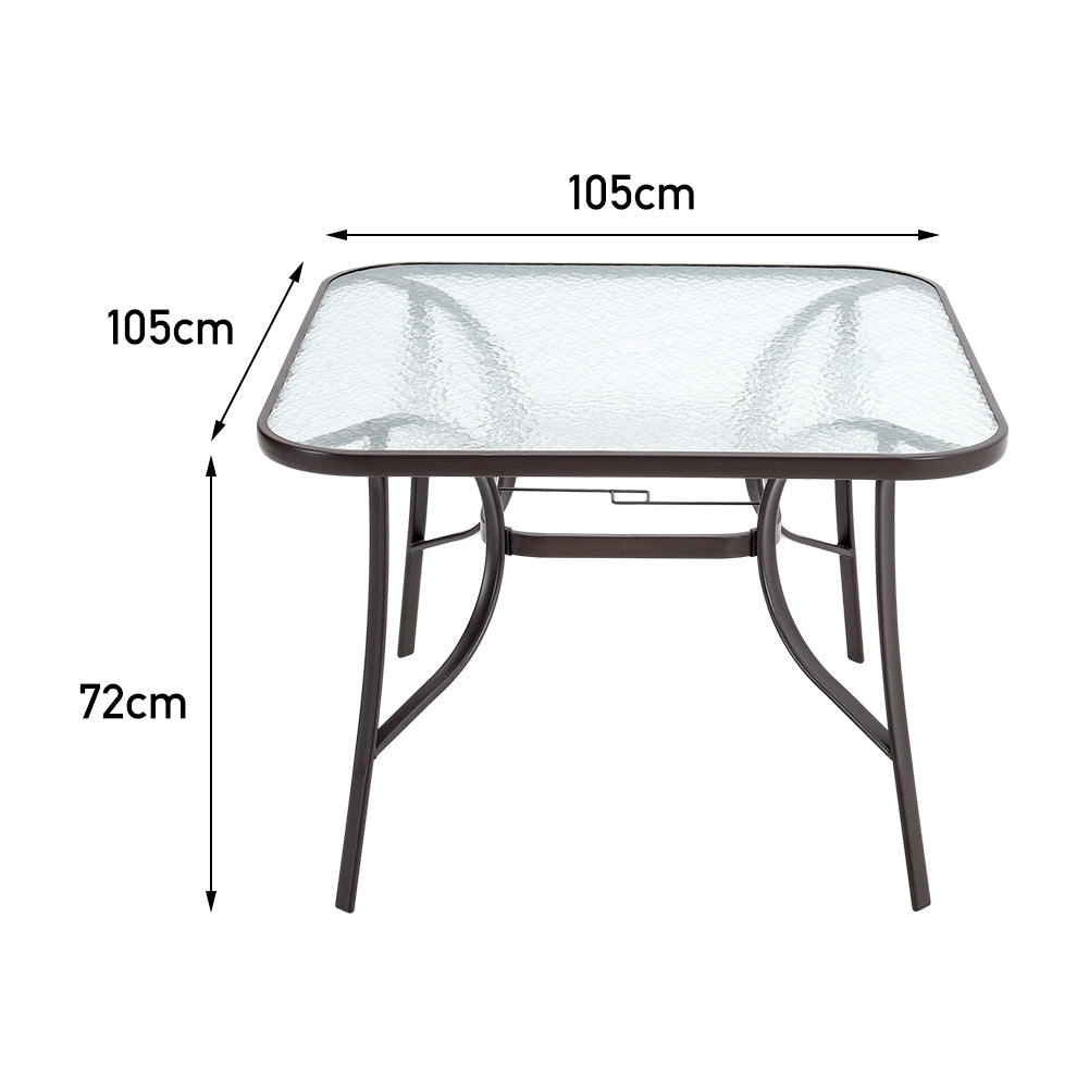 105CM Wide Square Glass-Top Outdoor Dining Table with Parasol Hole