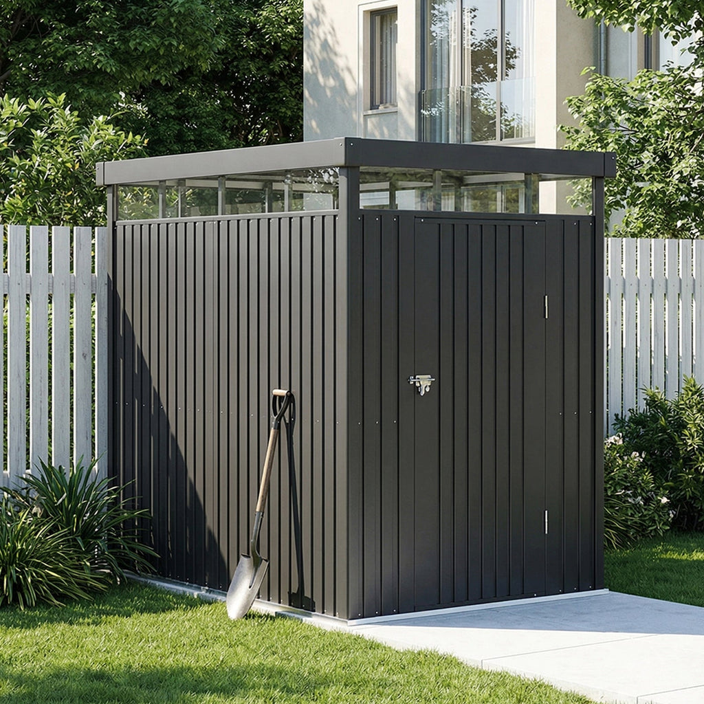 162cm Wide Metal Garden Storage Shed with Flat Roof & Lockable Door