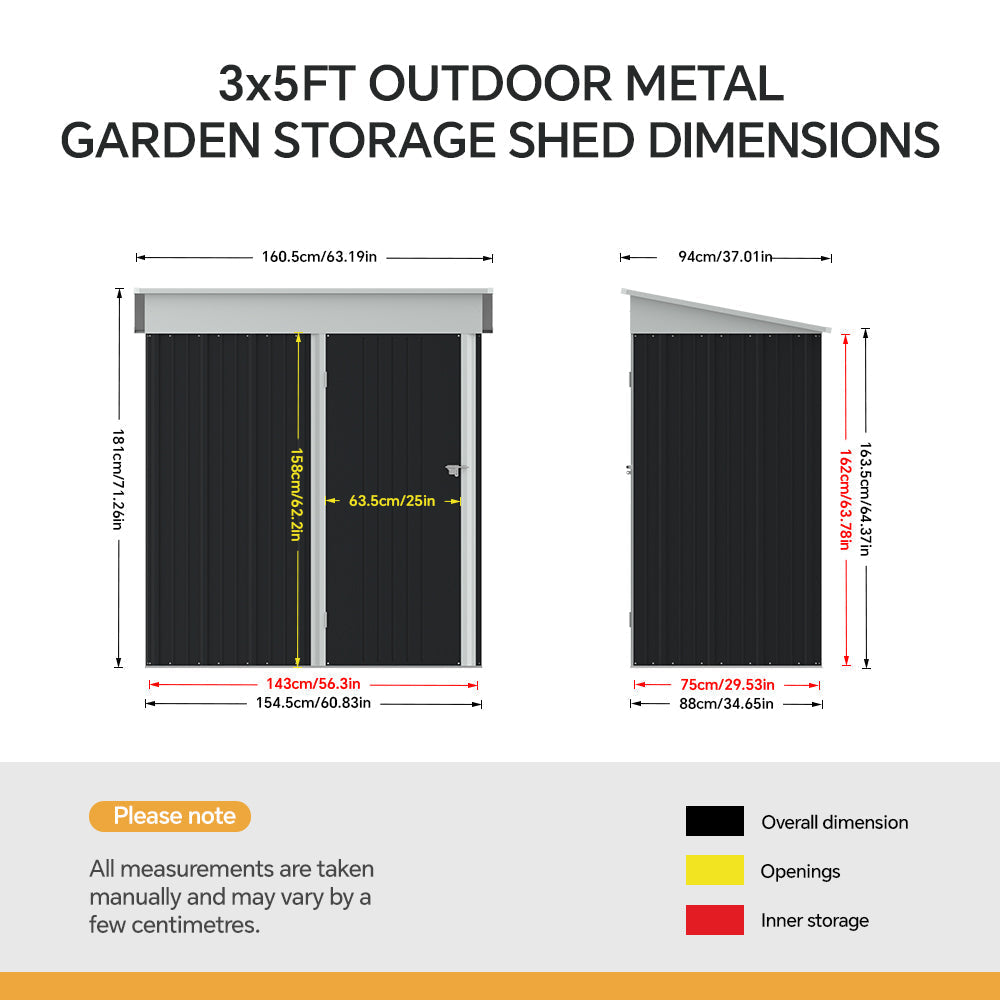 5 x 3 ft Metal Garden Storage Shed with Pent Roof & Shelves