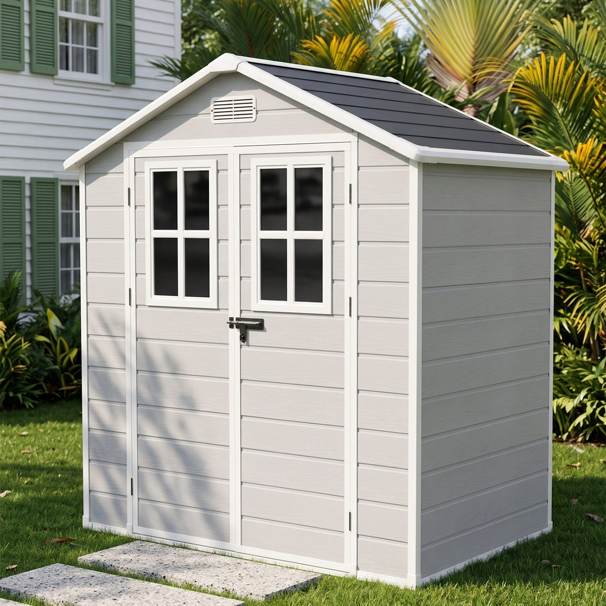 6 x 4 ft Plastic Garden Shed with Apex Roof & Lockable Double Doors
