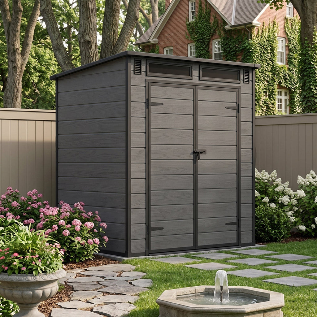 6 x 4 ft Plastic Garden Storage Shed with Pent Roof & Lockable Double Doors
