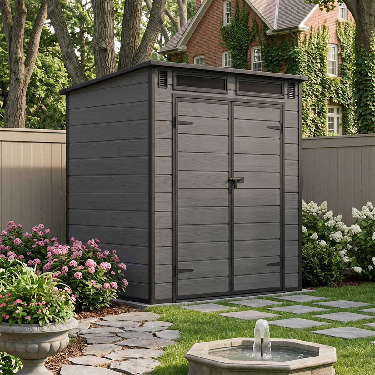 6 x 4 ft Plastic Garden Storage Shed with Pent Roof & Lockable Double Doors