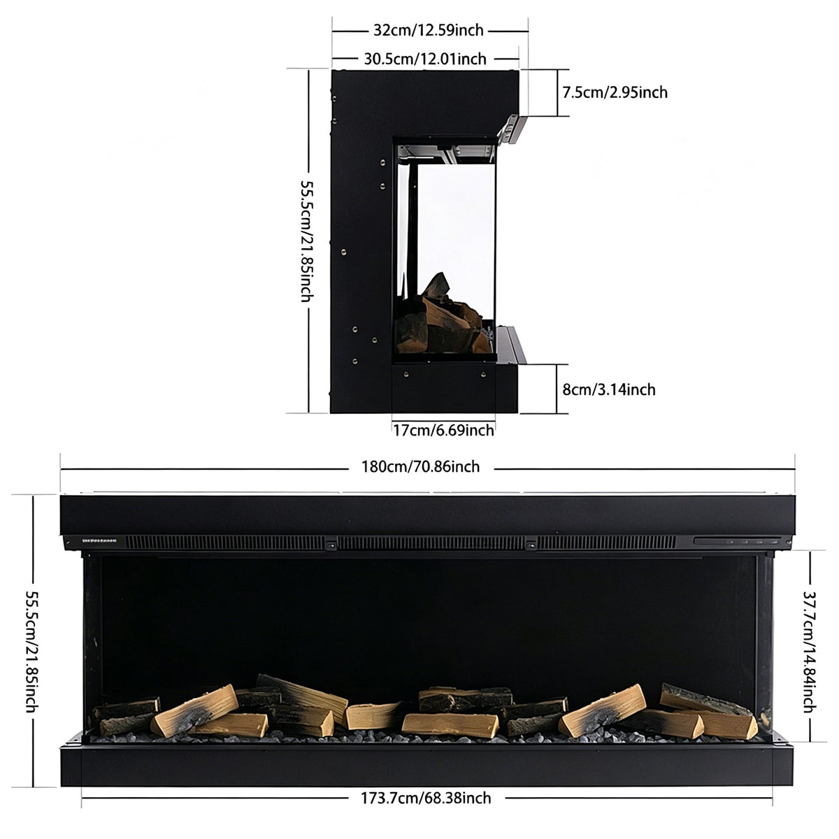 60/70 Inch 3-Sided Smart Electric Fireplace