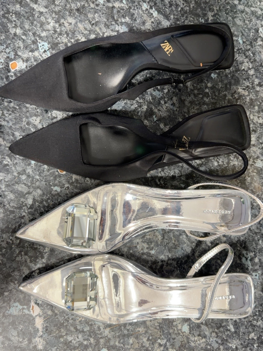 Black and metallic silver pointed-toe slingback shoes, two-pair bundle